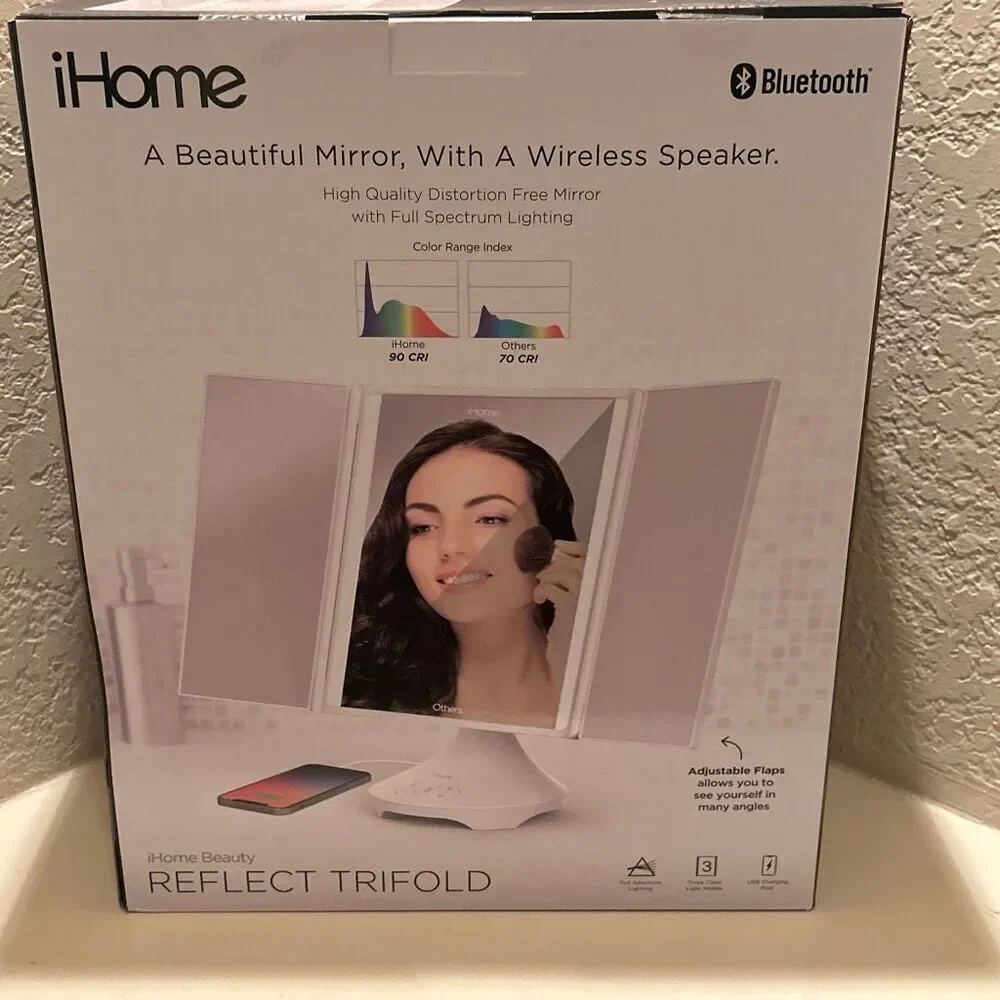 iHome Vanity Mirror With Bluetooth Speaker White Trifold Light Up Makeup New Box